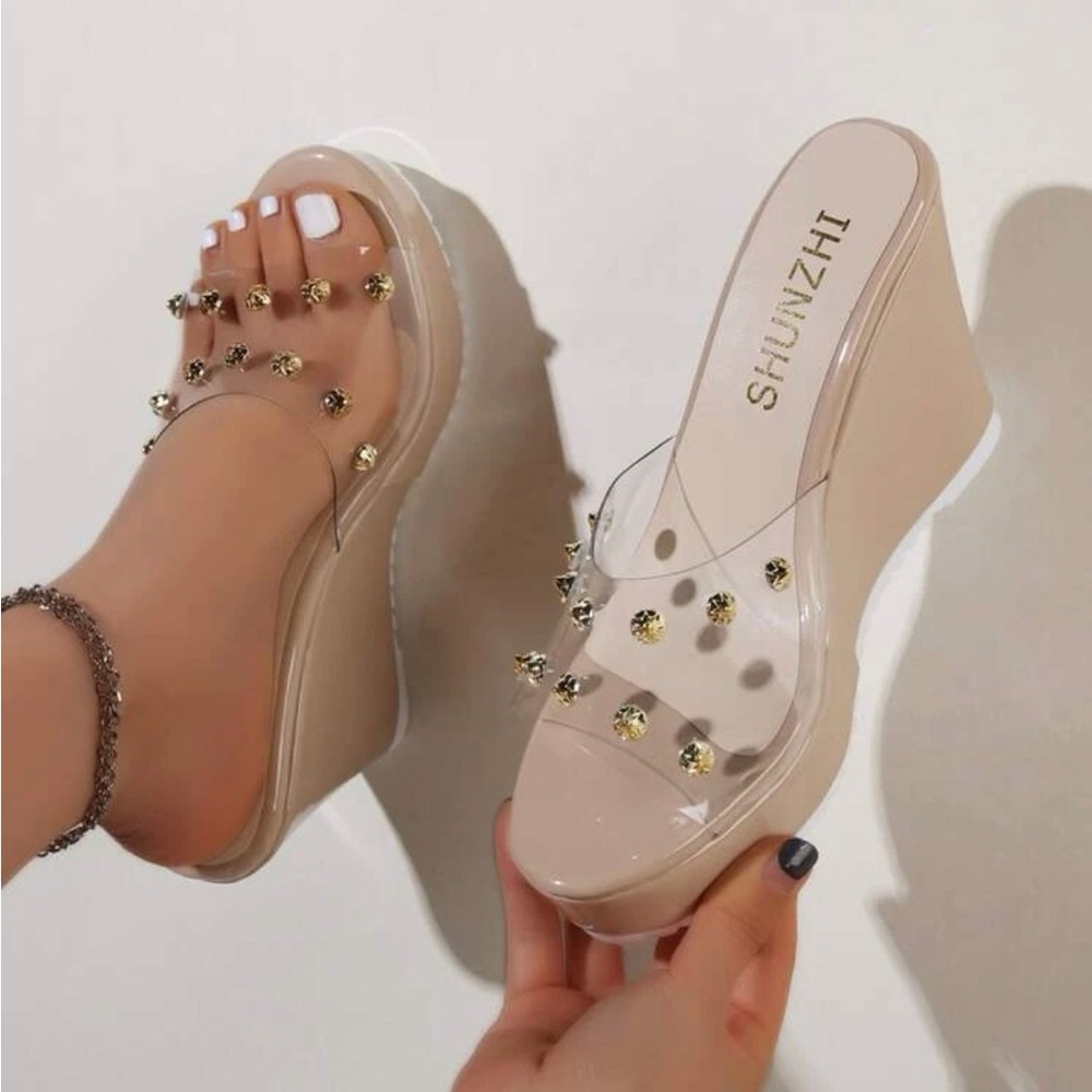 Spiked detail wedge slide sandals